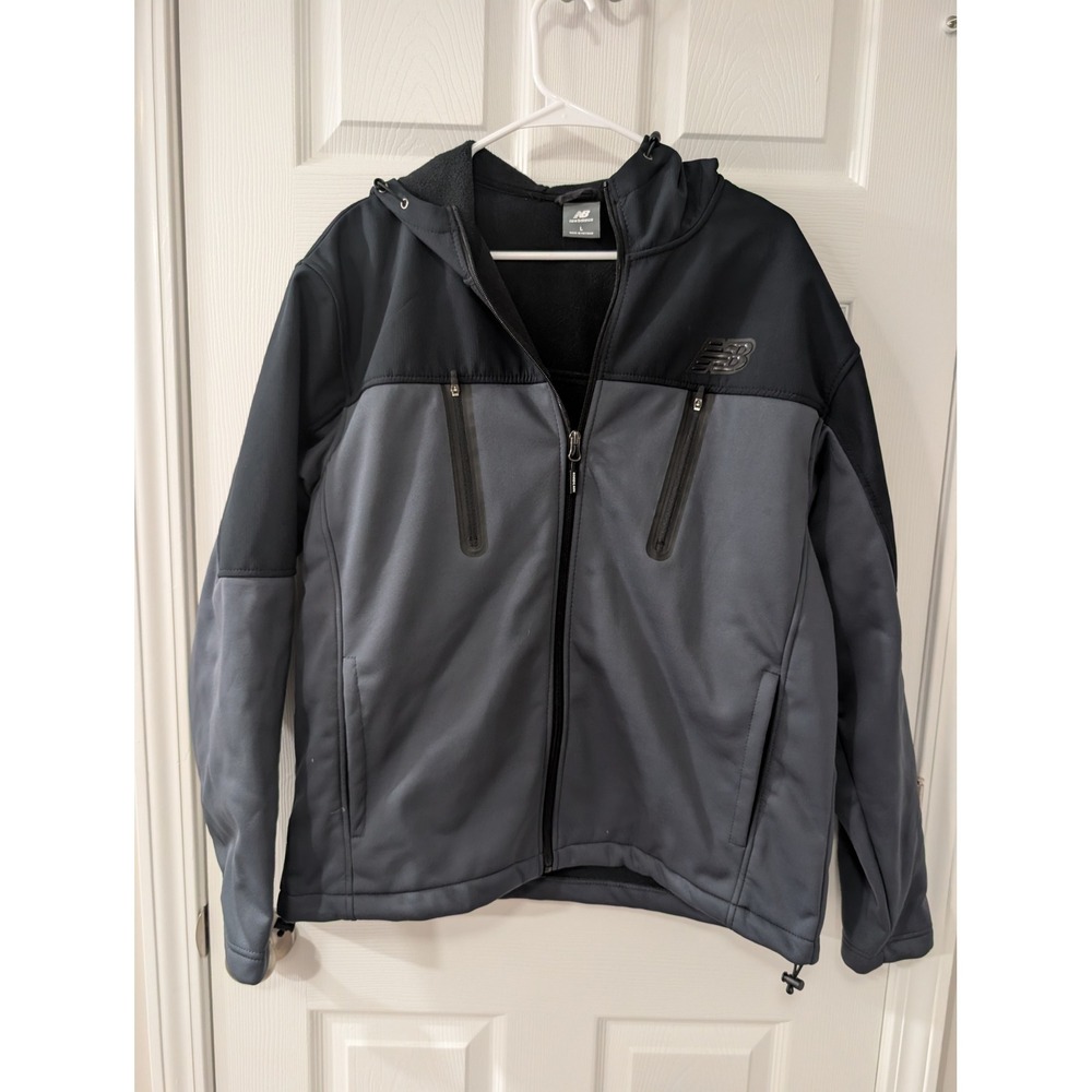 New Balance, Mens L, Soft Shell Full Zip Hooded Jacket, Fleece Lined, Black/Gray